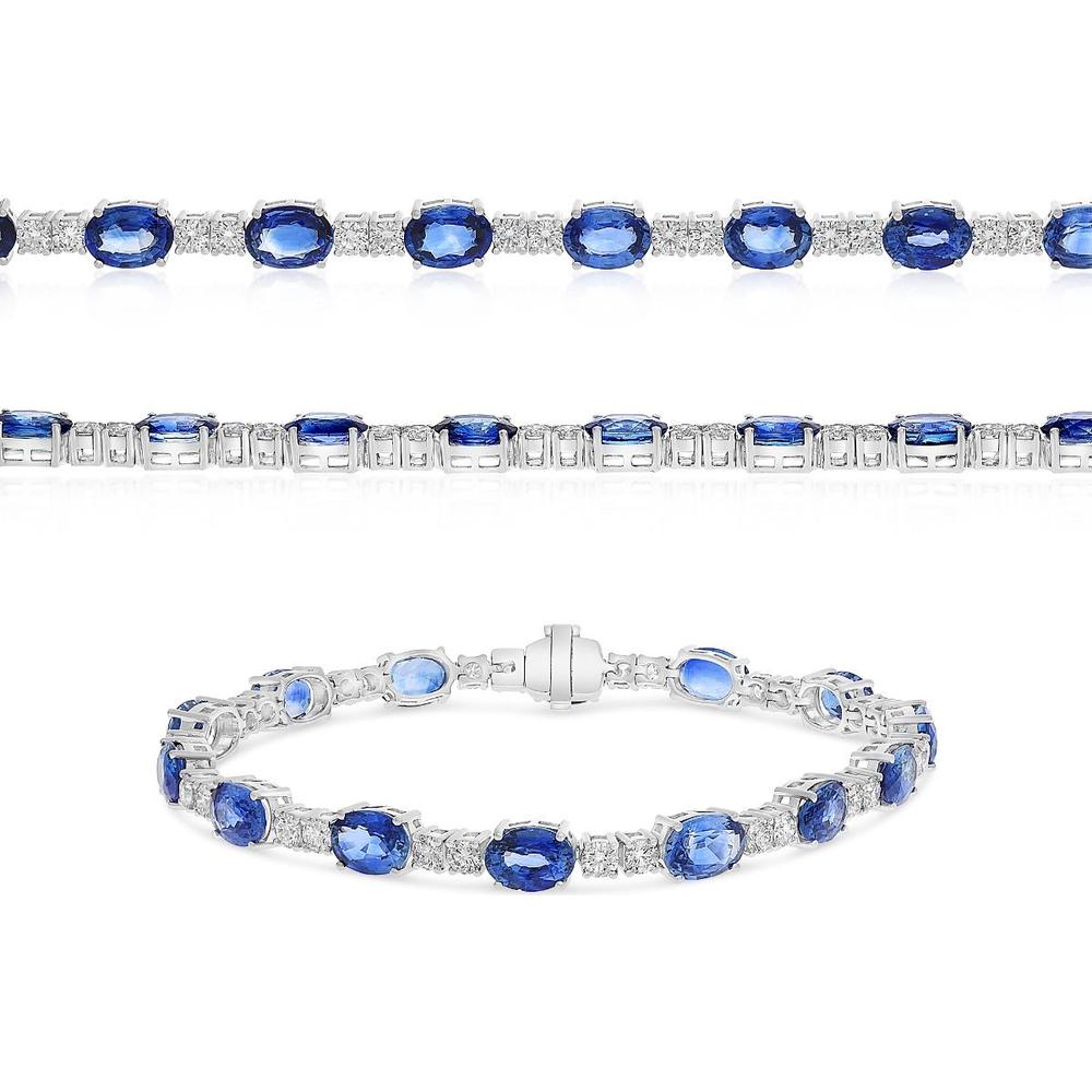 Roman & Jules - 18K White Gold Oval Sapphire and Round Diamond Tennis Bracelet - 2.27 Carat Total Diamond Weight