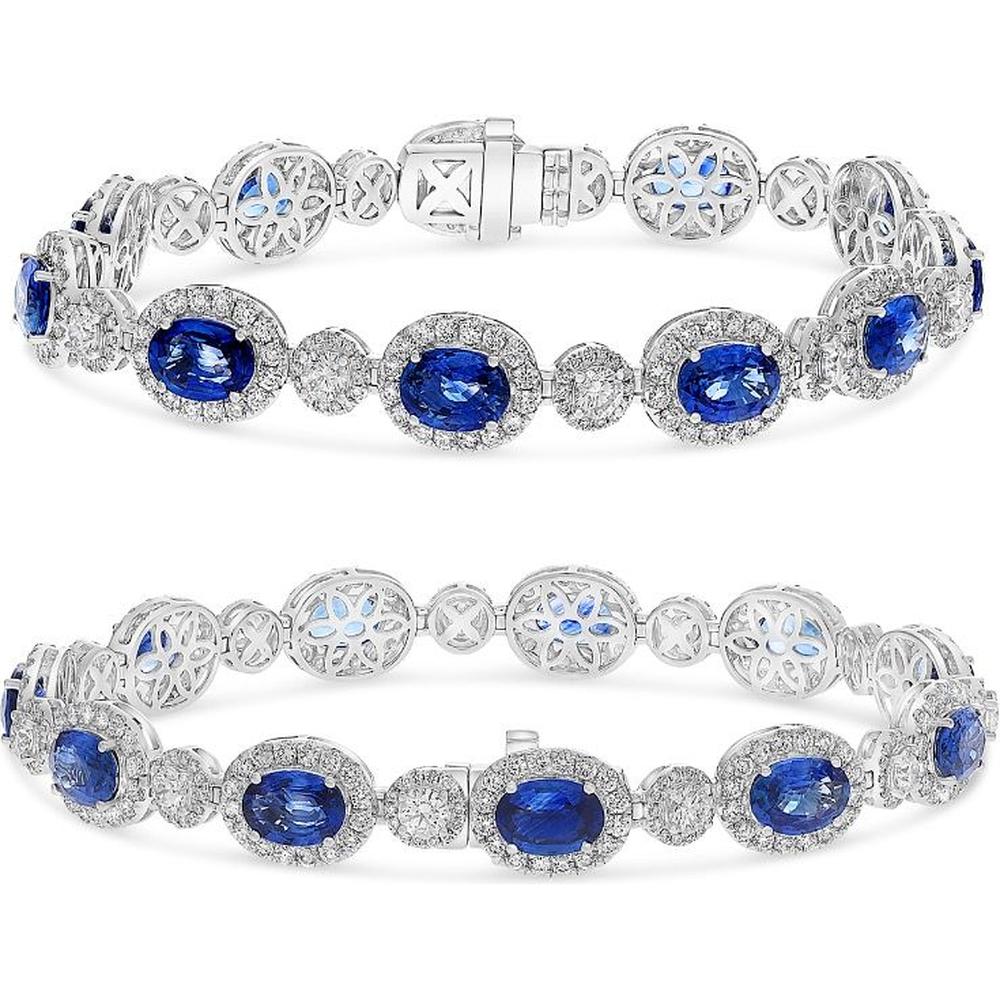 Roman & Jules - 18K White Gold Oval Sapphire Bracelet with 4.08 Carat Total Round Diamond Halo
