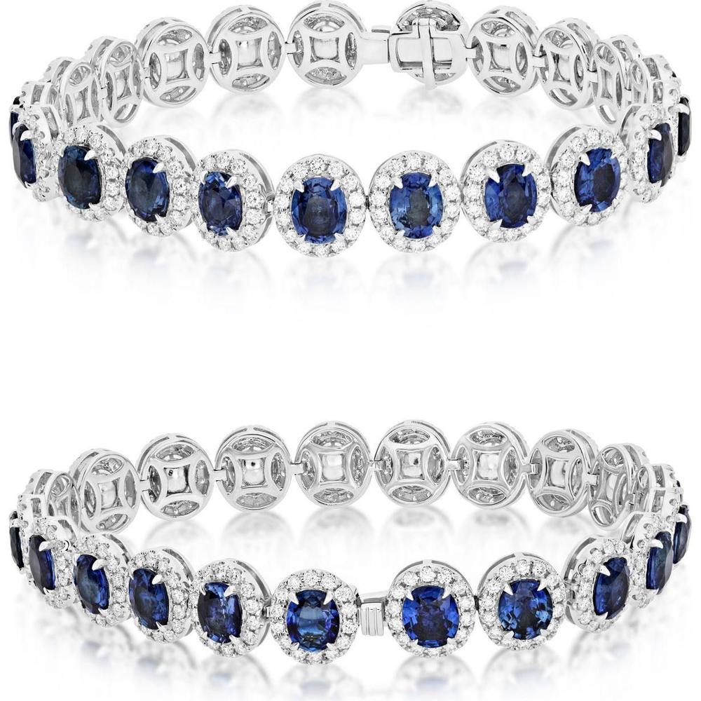 Roman & Jules - 18K White Gold Oval Sapphire Bracelet with Round Diamond Halo - 2.71 Carat Total Diamond Weight