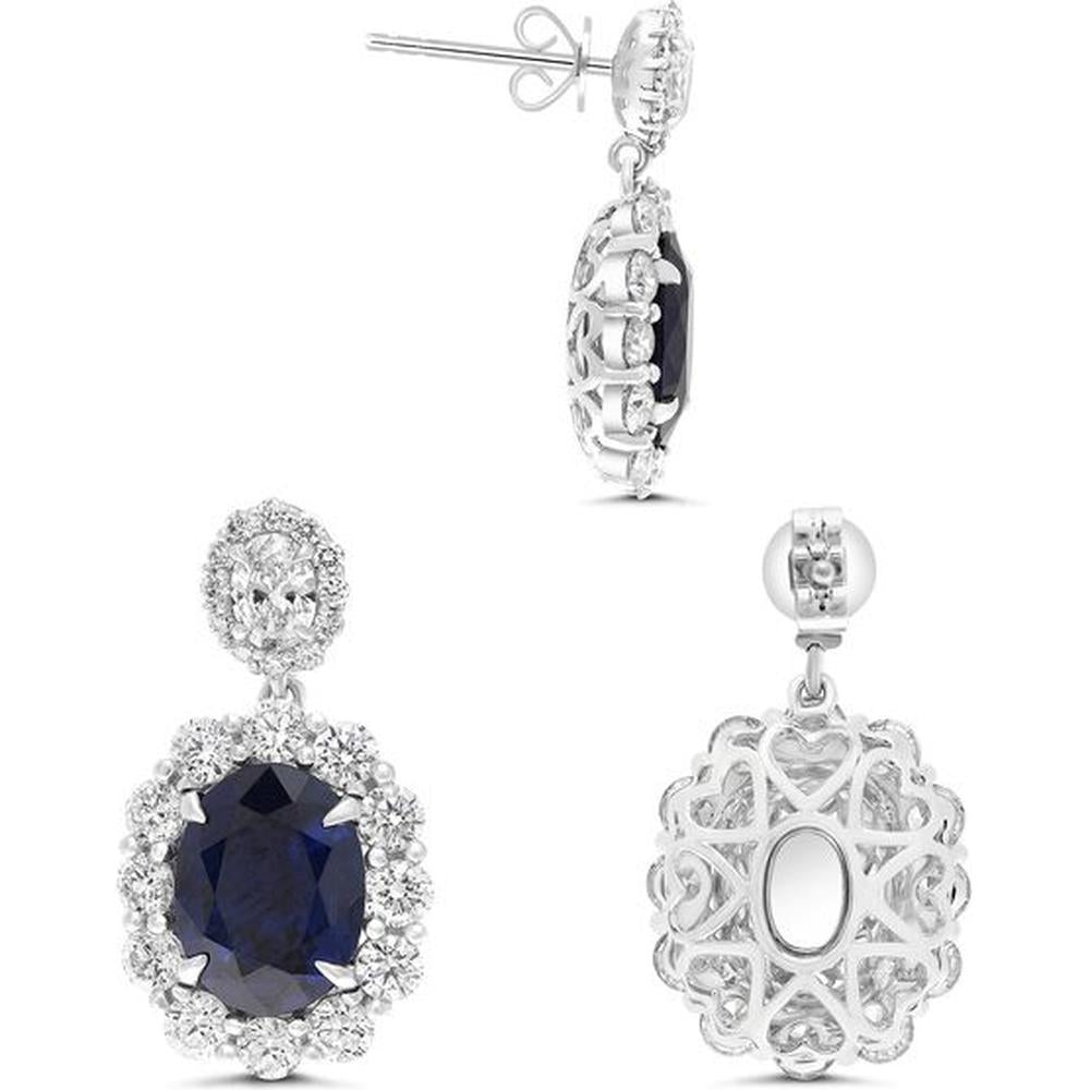 Roman & Jules - 18K White Gold Oval Sapphire Earrings with Diamond Halo - 3.19 Carat Total Sapphire Weight, 0.38 Carat Total Diamond Weight