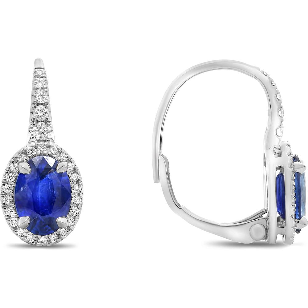Roman & Jules - 18K White Gold Oval Sapphire Halo Drop Earrings with Round Diamonds - 1.77 Carat Total Sapphire Weight