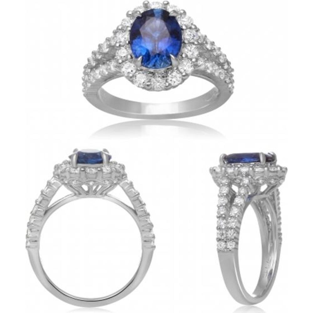 Roman & Jules - 18K White Gold Oval Sapphire Halo Ring with 1.22 Carat Round Diamonds - 2.52 Carat Sapphire