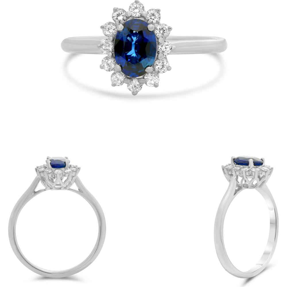 Roman & Jules - 18K White Gold Oval Sapphire Halo Ring with Round Diamonds - 0.27 Carat Diamond Weight