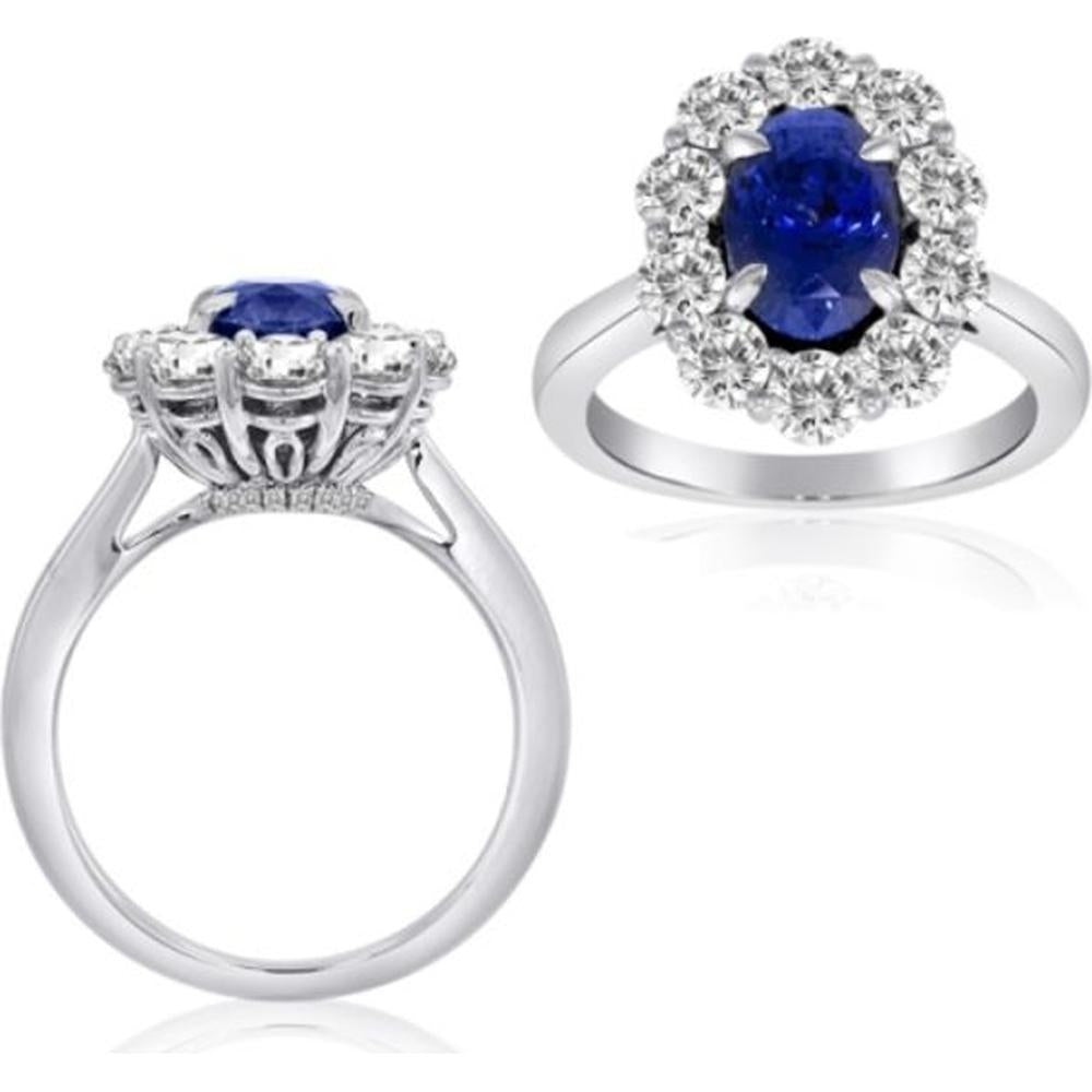 Roman & Jules - 18K White Gold Oval Sapphire Halo Ring with Round Diamonds - 0.54 Carat Diamond Weight