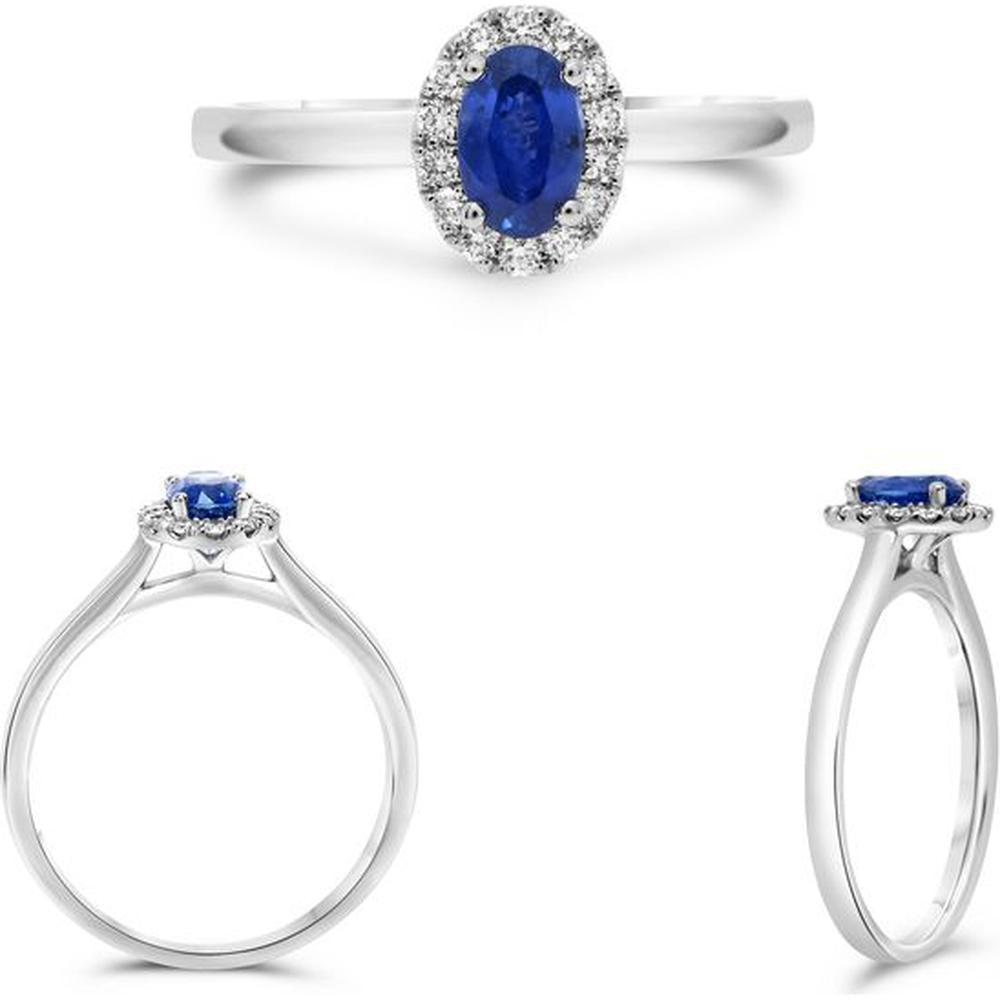 Roman & Jules - 18K White Gold Oval Sapphire Halo Ring with Round Diamonds - 0.59 Carat Total Diamond Weight