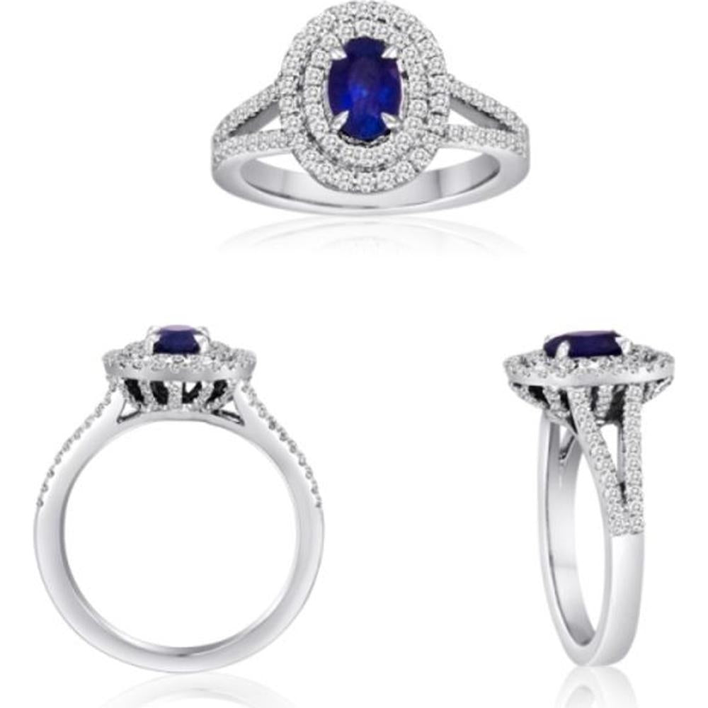 Roman & Jules - 18K White Gold Oval Sapphire Halo Ring with Round Diamonds - 1.55 Carat Total Sapphire Weight