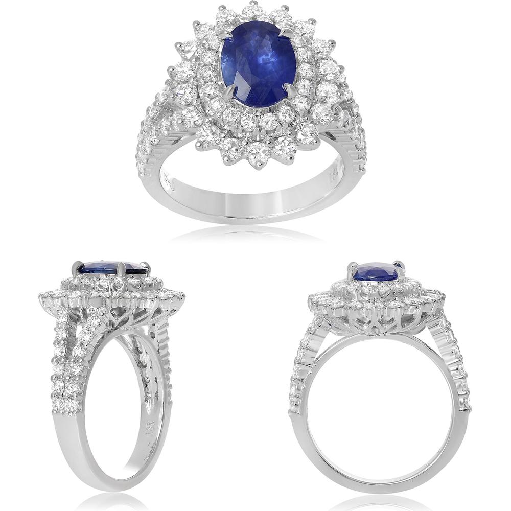 Roman & Jules - 18K White Gold Oval Sapphire Halo Ring with Round Diamonds - 1.65 Carat Total Diamond Weight