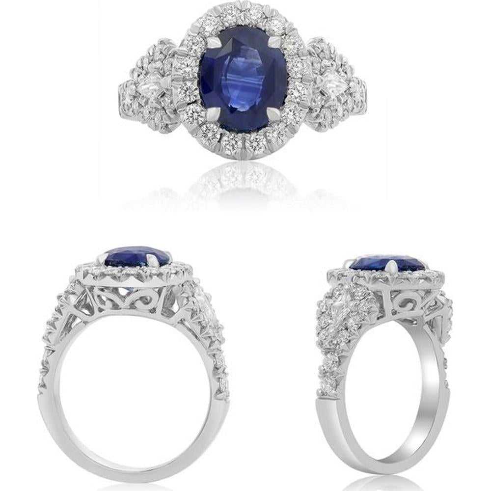 Roman & Jules - 18K White Gold Oval Sapphire Halo Ring with Round Diamonds - 3.12 Carat Sapphire, 0.20 Carat Diamonds