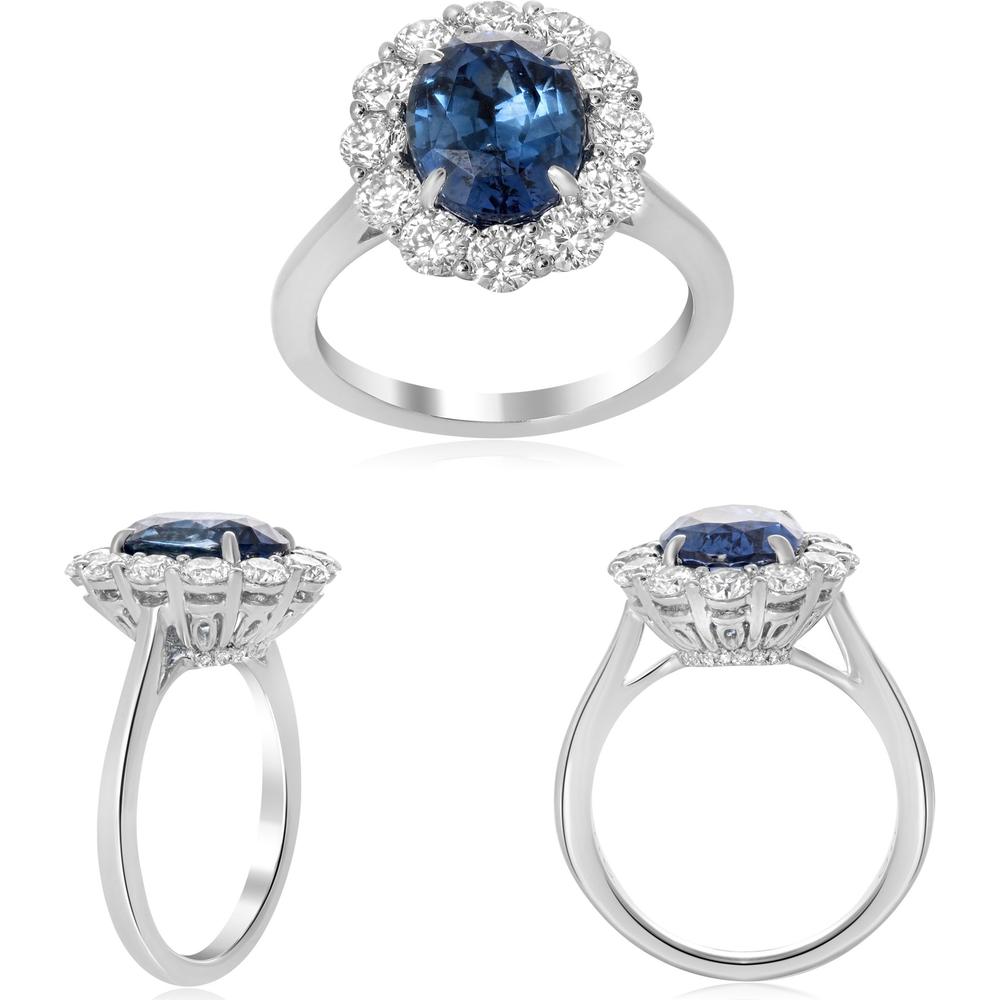 Roman & Jules - 18K White Gold Oval Sapphire Halo Ring with Round Diamonds - 3.48 Carat Sapphire, 0.04 Carat Total Diamond Weight