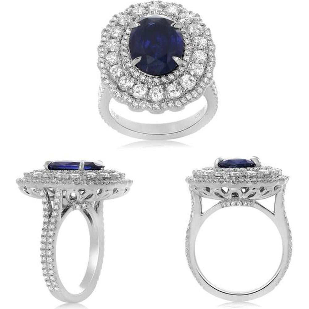 Roman & Jules - 18K White Gold Oval Sapphire Halo Ring with Round Diamonds - 4.20 Carat Sapphire, 1.94 Carat Total Diamond Weight