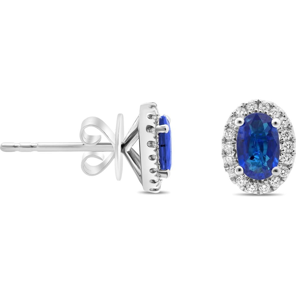 Roman & Jules - 18K White Gold Oval Sapphire Halo Stud Earrings with Round Diamond Accents - 0.96 Carat Total Sapphire Weight