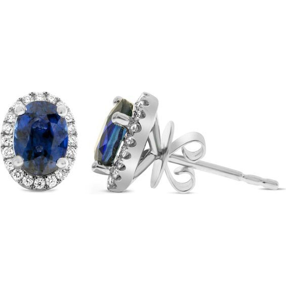 Roman & Jules - 18K White Gold Oval Sapphire Halo Stud Earrings with Round Diamonds - 0.92 Carat Total Sapphire Weight