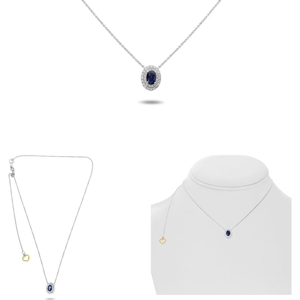 Roman & Jules - 18K White Gold Oval Sapphire Necklace with Diamond Halo - 0.23 Carat Diamond Total Weight