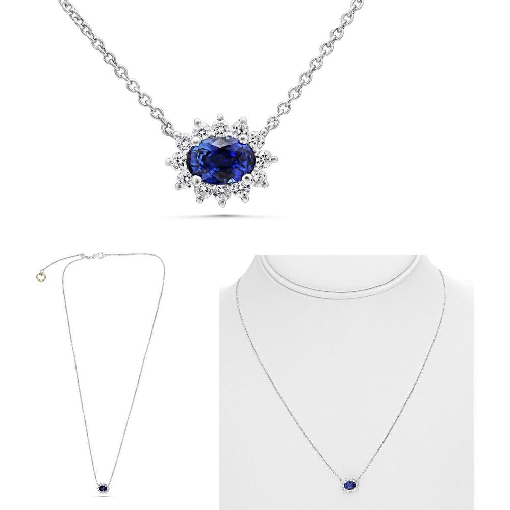 Roman & Jules - 18K White Gold Oval Sapphire Necklace with Diamond Halo - 0.50 Carat Sapphire, 0.20 Carat Round Diamonds