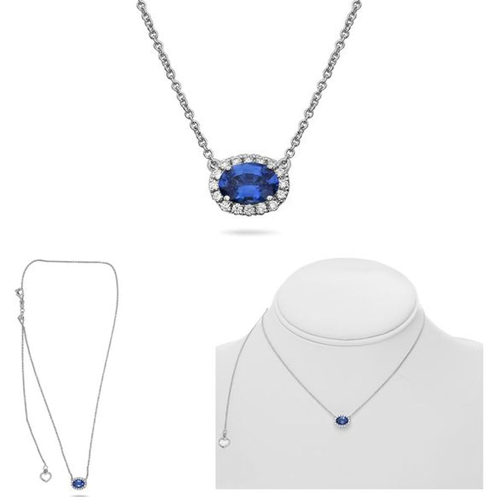 Roman & Jules - 18K White Gold Oval Sapphire Necklace with Diamond Halo - 0.97 Carat Sapphire, 0.12 Carat Total Diamond Weight