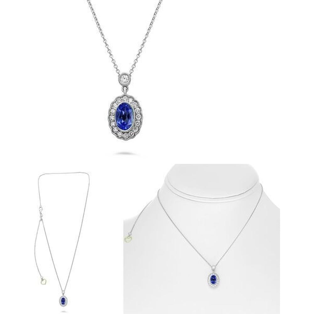 Roman & Jules - 18K White Gold Oval Sapphire Necklace with Round Diamond Halo - 1.15 Carat Total Weight