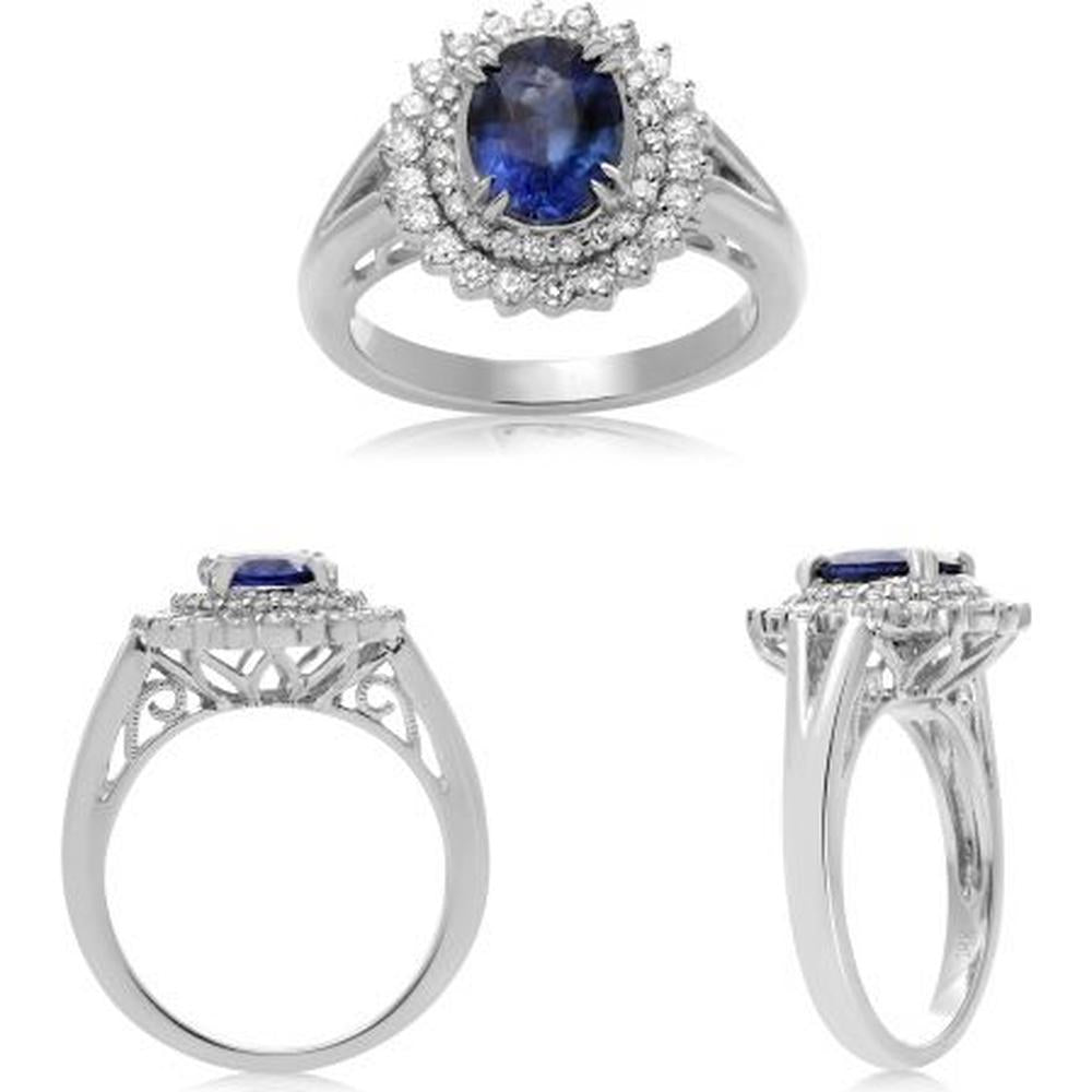 Roman & Jules - 18K White Gold Oval Sapphire Ring with 0.49 Carat Diamond Halo and 1.63 Carat Sapphire