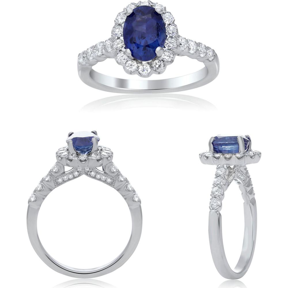 Roman & Jules - 18K White Gold Oval Sapphire Ring with Diamond Halo - 0.67 Carat Total Diamond Weight