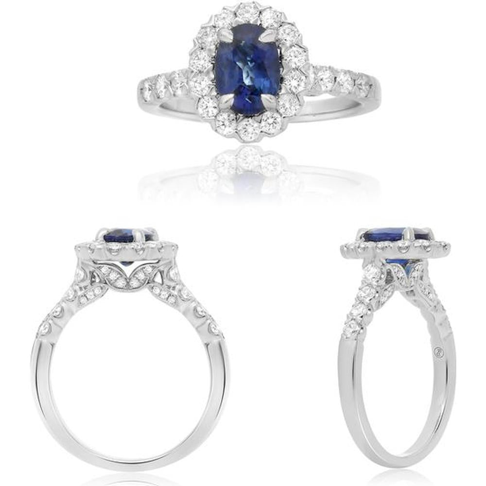 Roman & Jules - 18K White Gold Oval Sapphire Ring with Diamond Halo - 1.47 Carat Sapphire, 0.72 Carat Total Diamond Weight