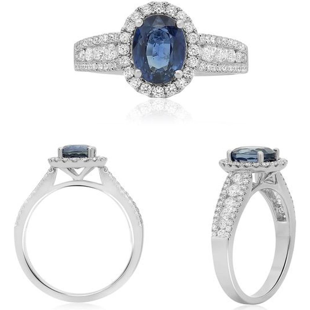 Roman & Jules - 18K White Gold Oval Sapphire Ring with Diamond Halo - 1.81 Carat Total Sapphire Weight