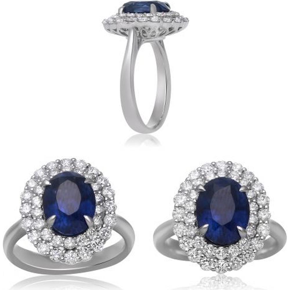 Roman & Jules - 18K White Gold Oval Sapphire Ring with Diamond Halo - 3.96 Carat Total Sapphire Weight