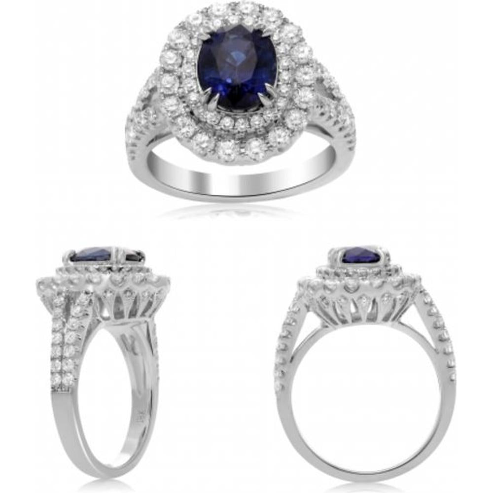 Roman & Jules - 18K White Gold Oval Sapphire Ring with Halo of Round Diamonds - 2.75 Carat Sapphire, 1.26 Carat Total Diamond Weight