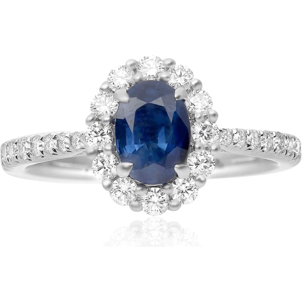 Roman & Jules - 18K White Gold Oval Sapphire Ring with Round Diamond Halo - 1.02 Carat Total Diamond Weight