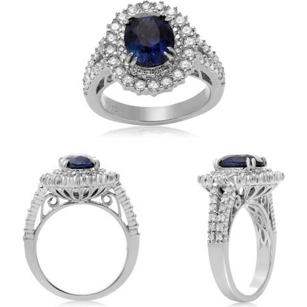 Roman & Jules - 18K White Gold Oval Sapphire Ring with Round Diamond Halo - 2.69 Carat Sapphire, 1.12 Carat Total Diamond Weight
