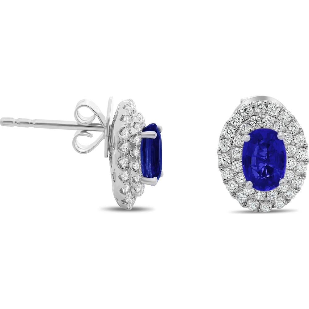 Roman & Jules - 18K White Gold Oval Sapphire Stud Earrings with Diamond Halo - 0.44 Carat Total Diamond Weight