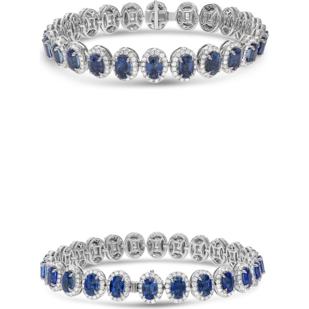 Roman & Jules - 18K White Gold Oval Sapphire Tennis Bracelet with Halo Round Diamonds - 2.82 Carat Total Diamond Weight