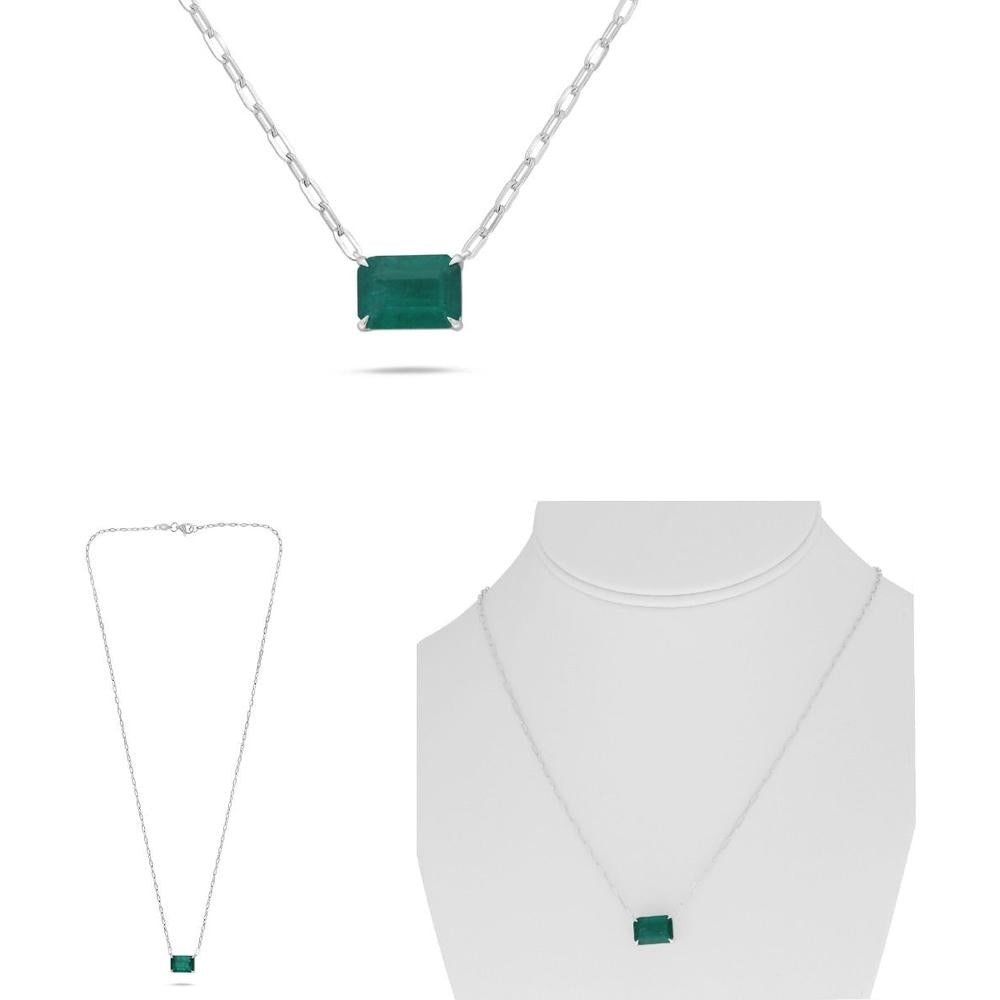 Roman & Jules - 18K White Gold Paper Clip Necklace with Emerald Cut Emerald - 1.20 Carat Total Gemstone Weight