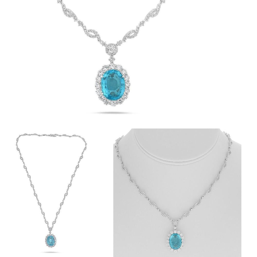 Roman & Jules - 18K White Gold Paraiba Blue Tourmaline Necklace with 4.77 Carat Round Diamonds - 8.80 Carat Total Paraiba Tourmaline Weight