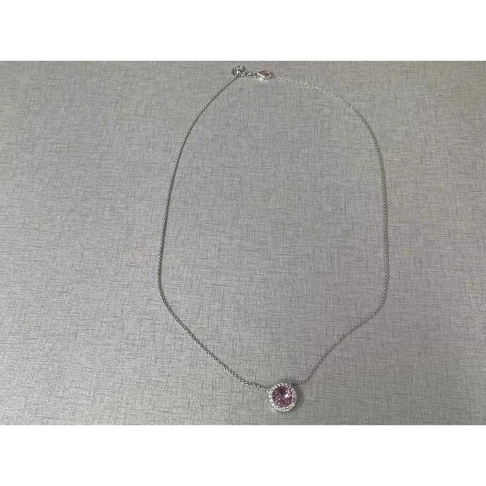 Roman & Jules - 18K White Gold Pave Diamond Halo Necklace with 2.04 Carat Pink Sapphire GIA Certified