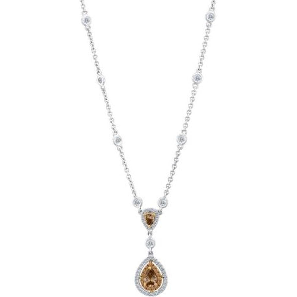 Roman & Jules - 18K White Gold Pear Champagne Diamond Double-Drop Necklace with 0.52 Carat Round Diamonds and 0.52 Carat Champagne Diamonds