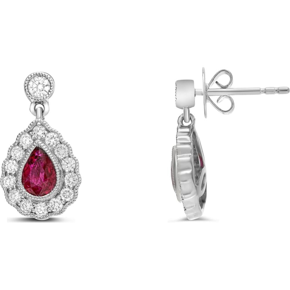 Roman & Jules - 18K White Gold Pear-Cut Ruby Drop Earrings with Diamond Halo - 1.00 Carat Ruby and 0.50 Carat Diamond Total Weight