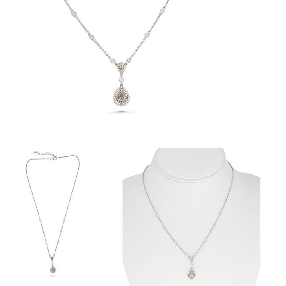 Roman & Jules - 18K White Gold Pear Shape Champagne Diamond Necklace with Round Diamond Accents - 0.96 Carat Total Diamond Weight