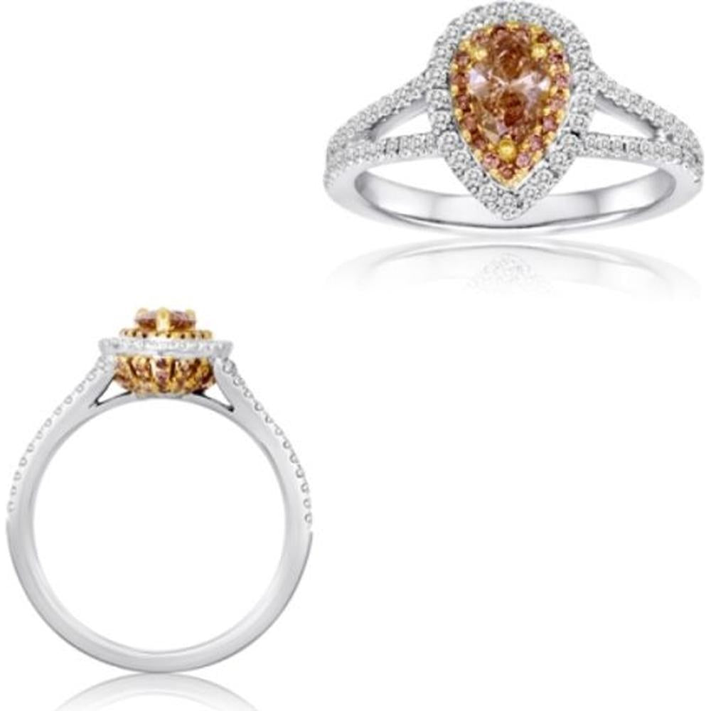 Roman & Jules - 18K White Gold Pear Shape Champagne Diamond Ring with Double Halo of Round Diamonds - 0.74 Carat Total Diamond Weight