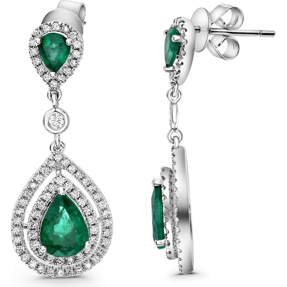 Roman & Jules - 18K White Gold Pear-Shape Emerald and Diamond Double-Halo Drop Earrings - 0.58 Carat Emerald and 0.68 Carat Diamond Total Weight