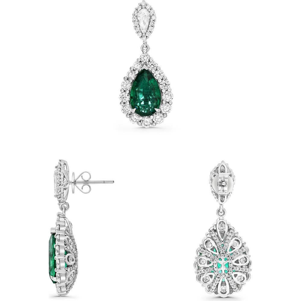 Roman & Jules - 18K White Gold Pear Shape Emerald and Round Diamond Drop Earrings - 3.36 Carat & 3.39 Carat Emeralds, 3.49 Carat Diamonds