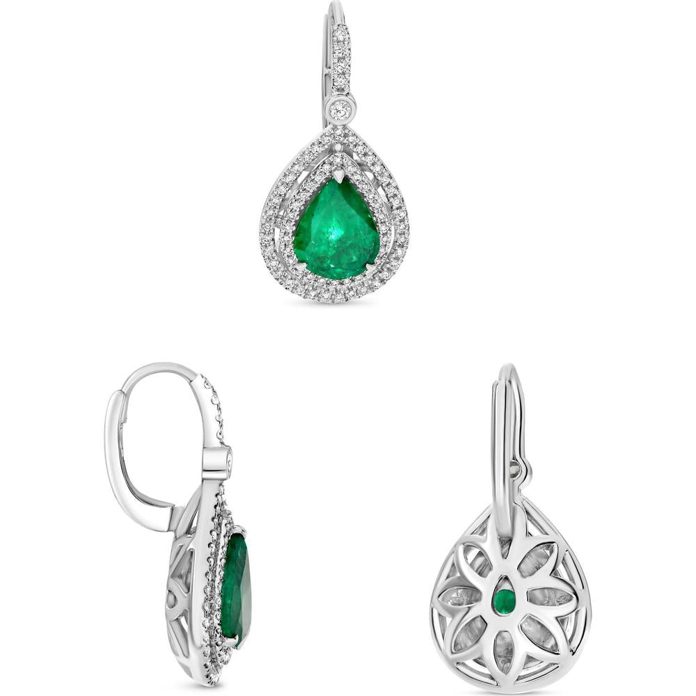 Roman & Jules - 18K White Gold Pear-Shape Emerald Drop Earrings with Double Diamond Halo - 2.62 Carat Total Emerald Weight and 0.42 Carat Total Diamond Weight