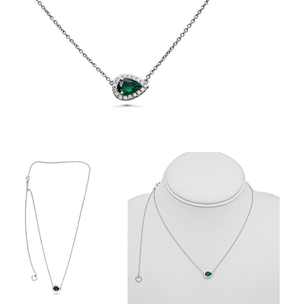 Roman & Jules - 18K White Gold Pear Shape Emerald Necklace with Diamond Halo - 0.60 Carat Emerald, 0.14 Carat Total Diamond Weight