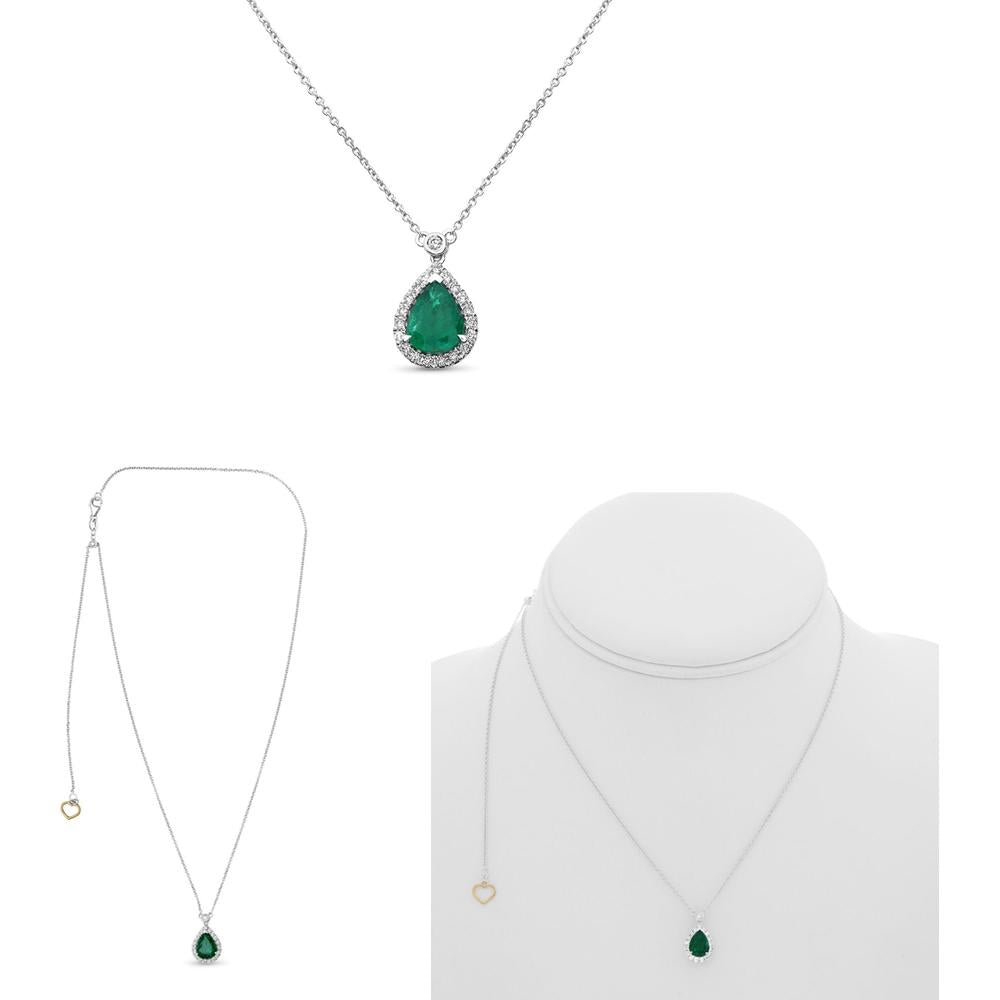Roman & Jules - 18K White Gold Pear Shape Emerald Necklace with Diamond Halo - 0.80 Carat Emerald Weight, 0.22 Carat Diamond Weight