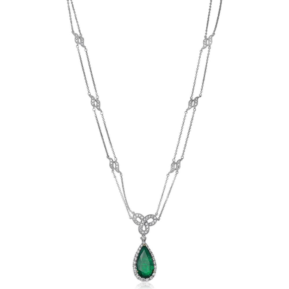 Roman & Jules - 18K White Gold Pear Shape Emerald Necklace with Diamond Halo - 3.08 Carat Emerald, 1.15 Carat Total Diamond Weight