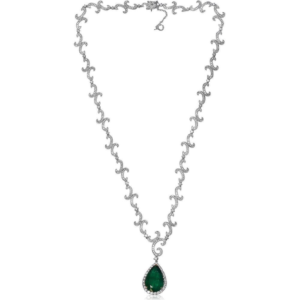 Roman & Jules - 18K White Gold Pear Shape Emerald Necklace with Halo of Diamonds - 10.04 Carat Total Emerald Weight, 4.91 Carat Total Diamond Weight