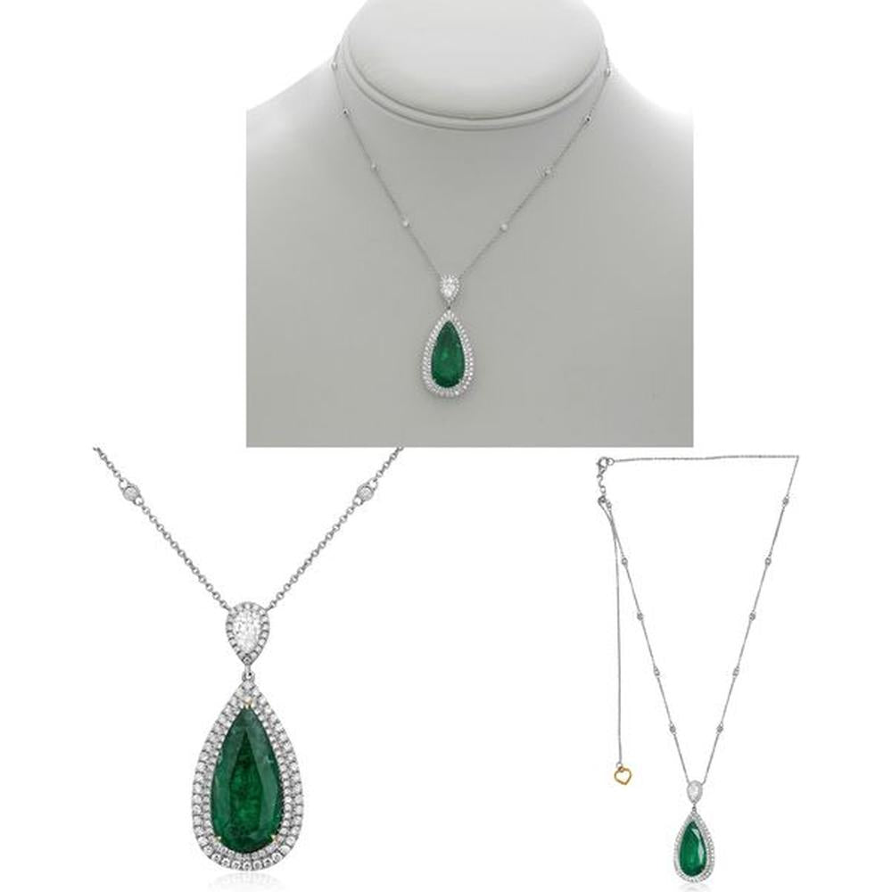 Roman & Jules - 18K White Gold Pear Shape Emerald Necklace with Round Diamond Accent - 6.73 Carat Emerald, 0.92 Carat Total Diamond Weight