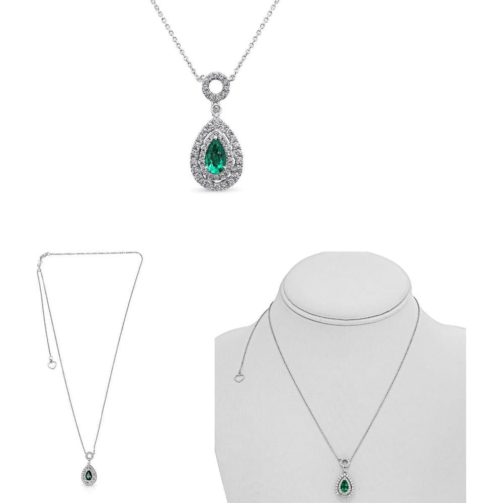 Roman & Jules - 18K White Gold Pear Shape Emerald Necklace with Round Diamond Halo - 0.53 Carat Diamonds, 0.56 Carat Emerald