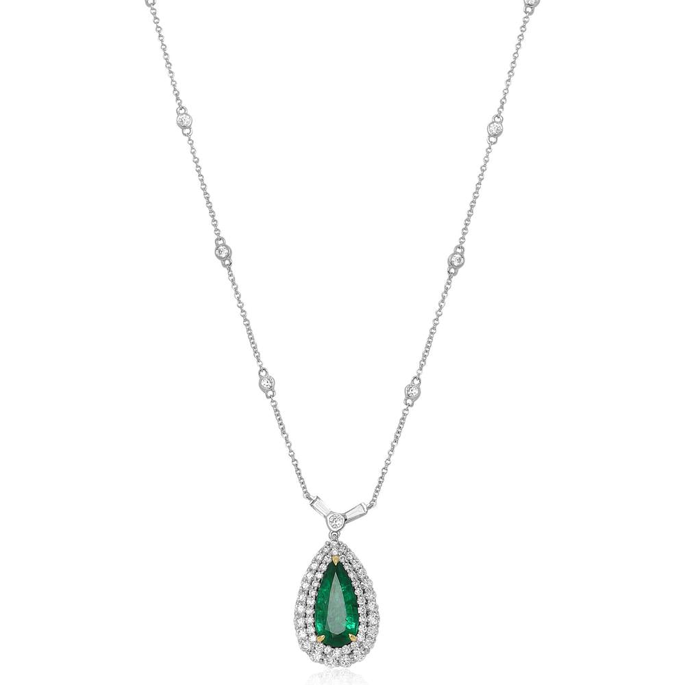 Roman & Jules - 18K White Gold Pear-Shape Emerald Pendant Necklace with Double Halo Round Diamonds - Emerald and 1.52 Carat Total Diamond Weight