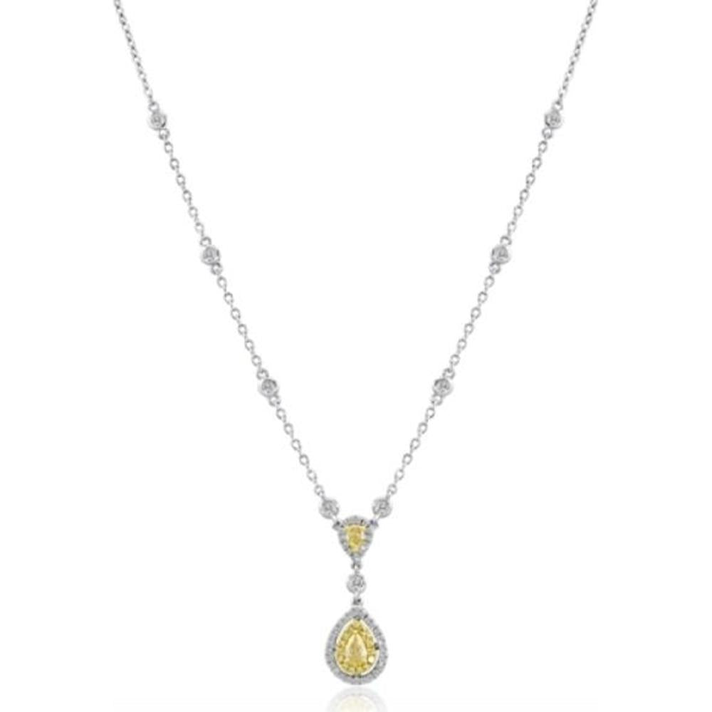 Roman & Jules - 18K White Gold Pear Shape Fancy Yellow Diamond Necklace with Round Diamonds - 1.36 Carat Total Diamond Weight
