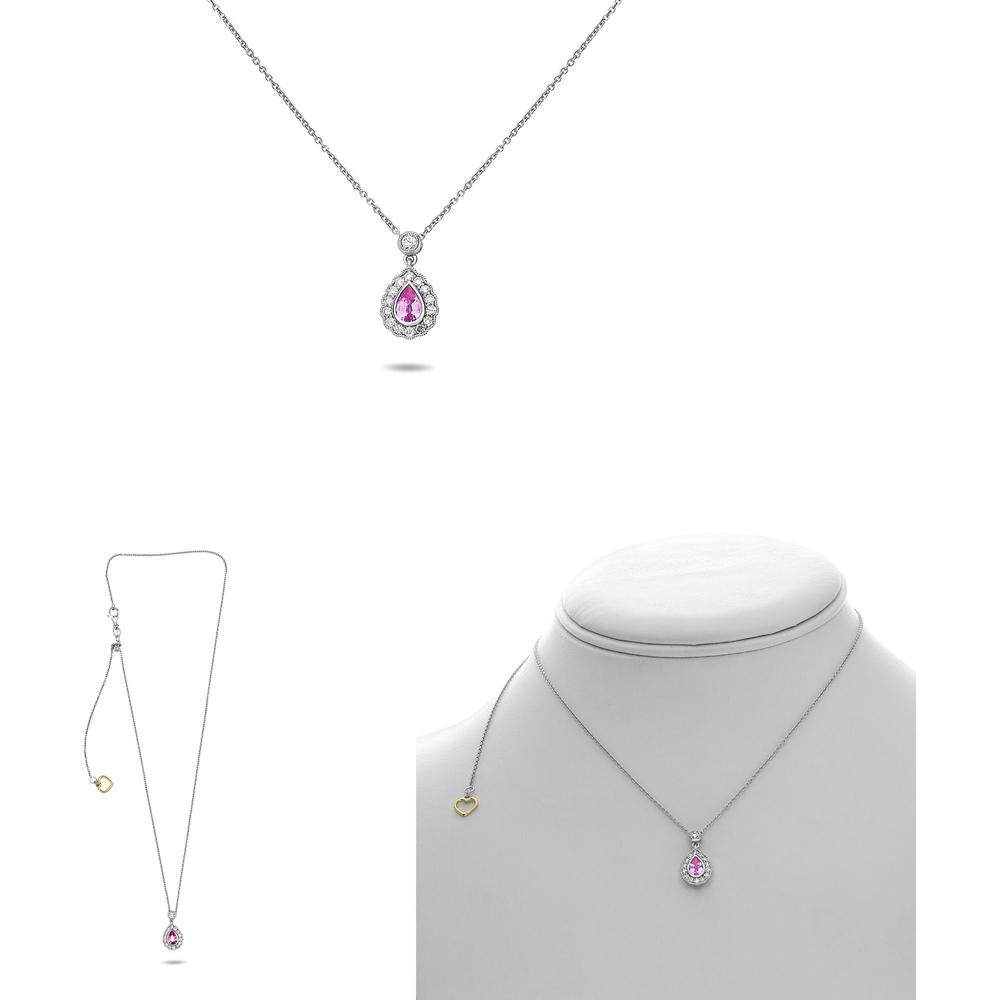 Roman & Jules - 18K White Gold Pear-Shape Pink Sapphire and Diamond Halo Necklace - 0.47 Carat Pink Sapphire & 0.25 Carat Diamond Total Weight
