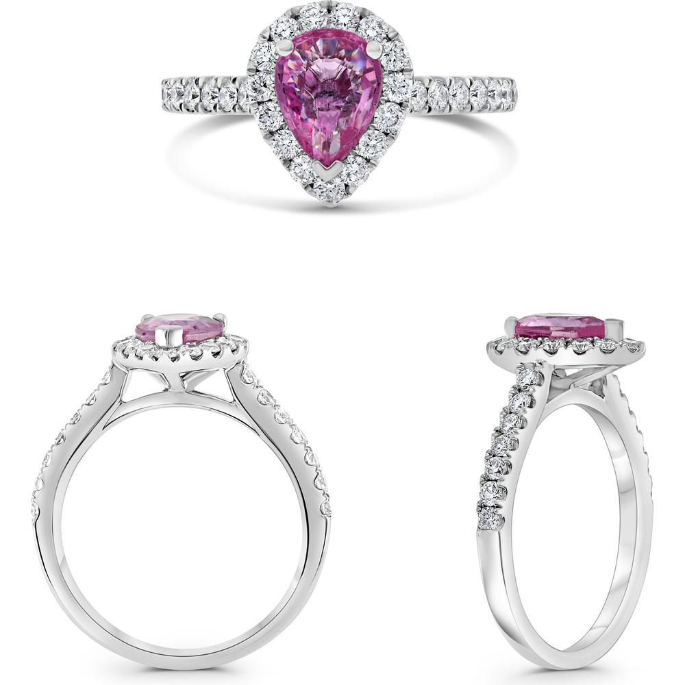 Roman & Jules - 18K White Gold Pear Shape Pink Sapphire Halo Ring with Round Diamonds - 1.81 Carat Total Sapphire Weight